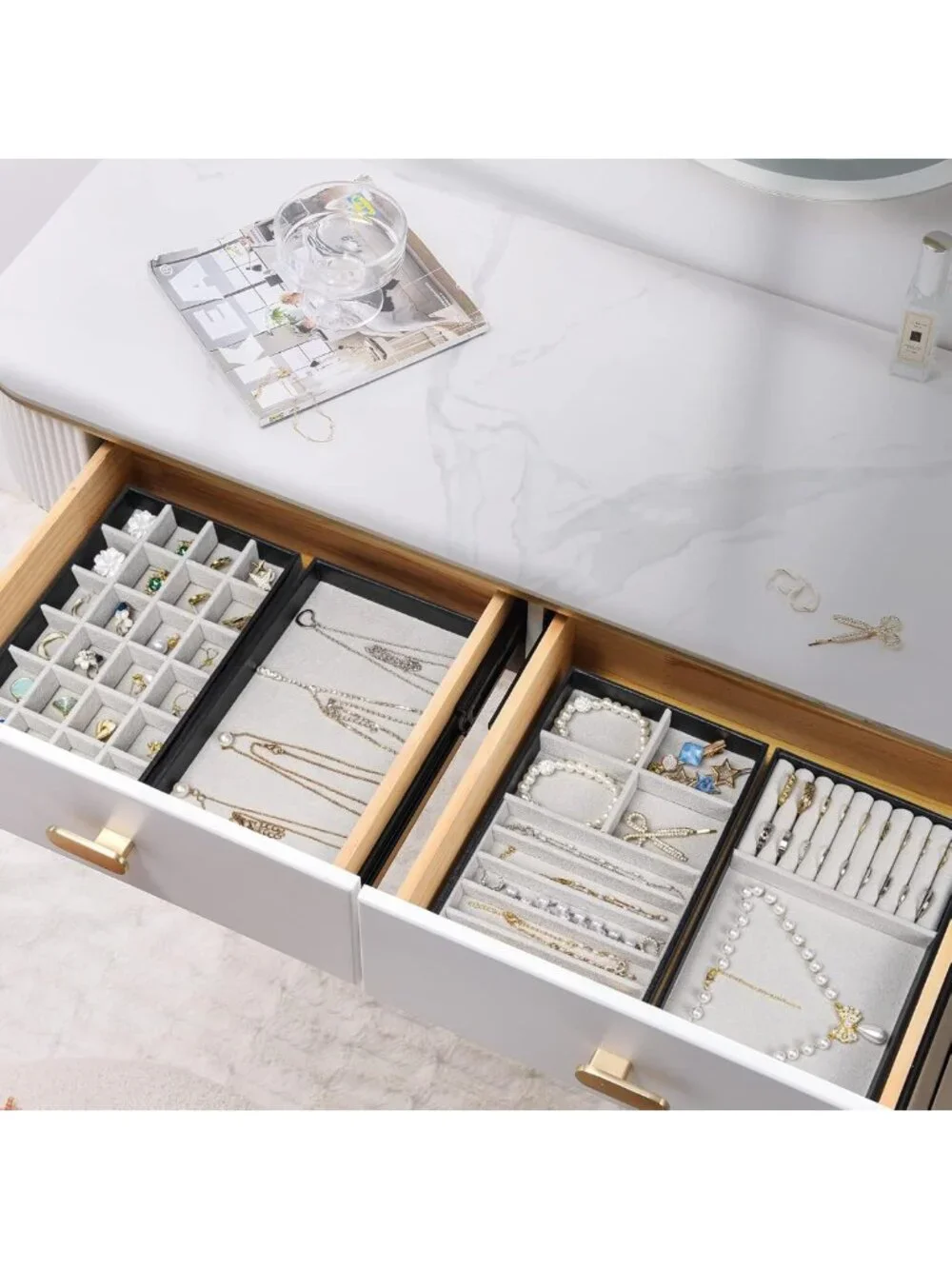Stackable Jewelry Organizer Trays for Drawers - 4 Layer Storage with Removable